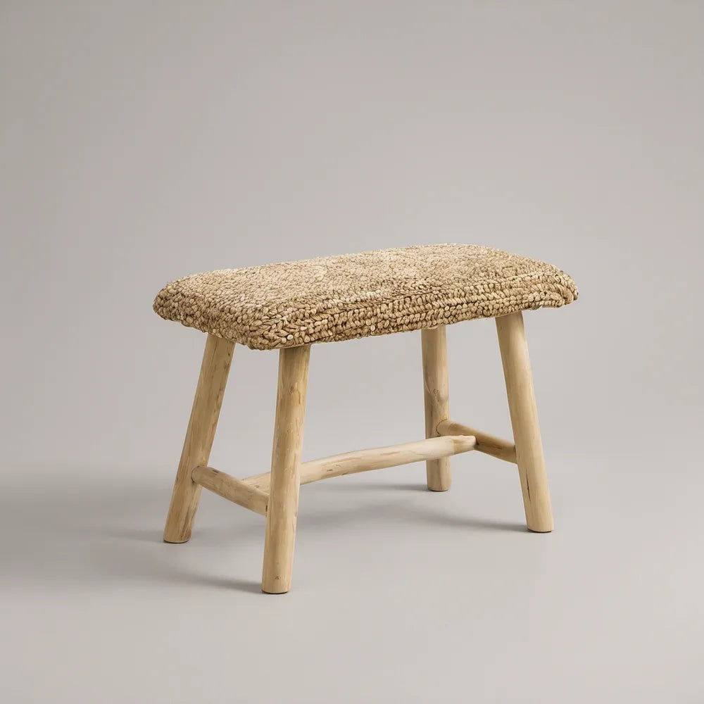Natural Beige and Light Brown Teak Wood and Woven Seagrass End-of-Bed Bench, 22 x 14 x 18 in