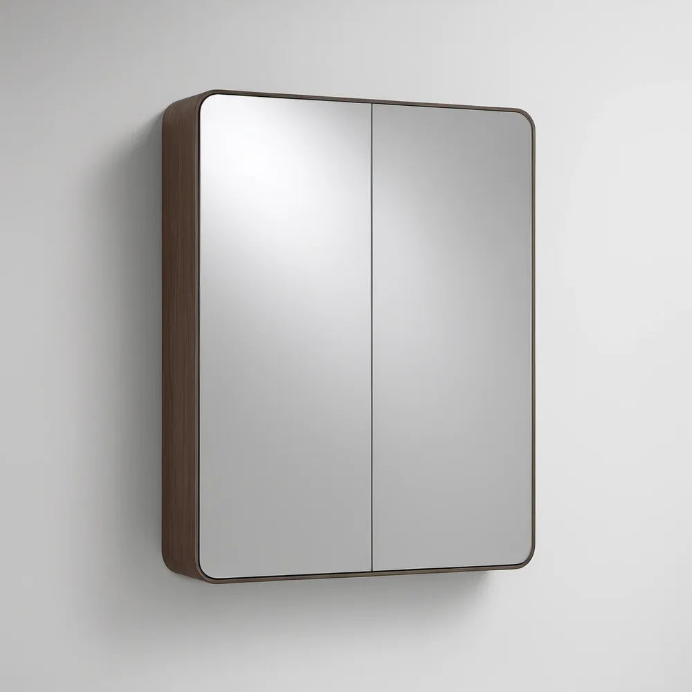 Wall-Mounted Mirrored Storage Cabinet, 23.6 x 5.9 x 27.6 in, Walnut Brown and Silver, Two Doors