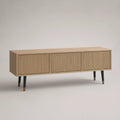 63 in. Natural Oak Fluted Door TV Stand with 3 Doors, Black and Gold Legs