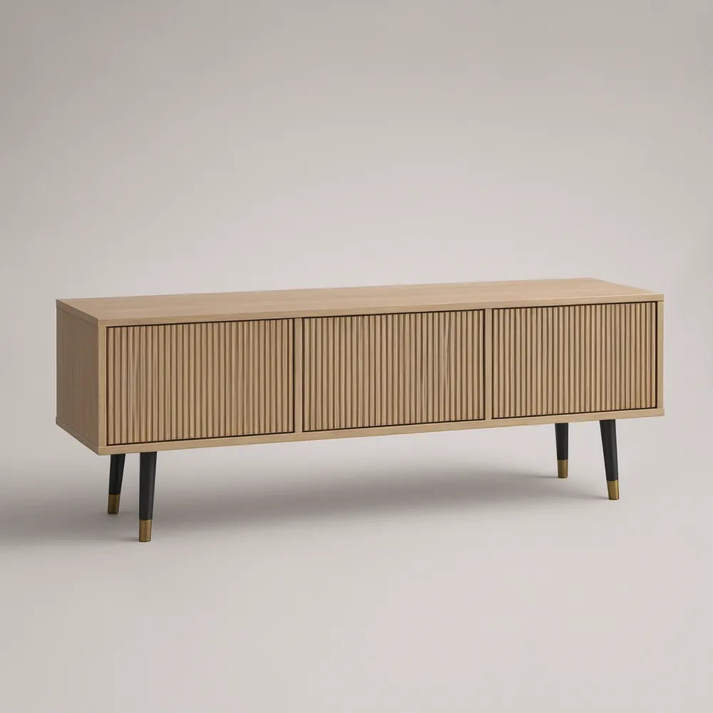 63 in. Natural Oak Fluted Door TV Stand with 3 Doors, Black and Gold Legs