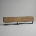 79 in Natural Oak Brown MDF Cabinet with 4 Handle-Free Doors and Black Steel Sled Base