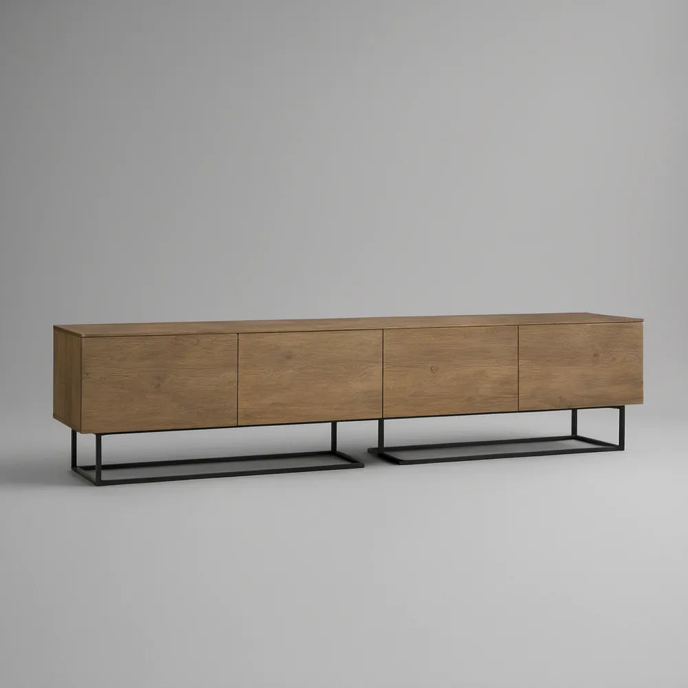 79 in Natural Oak Brown MDF Cabinet with 4 Handle-Free Doors and Black Steel Sled Base