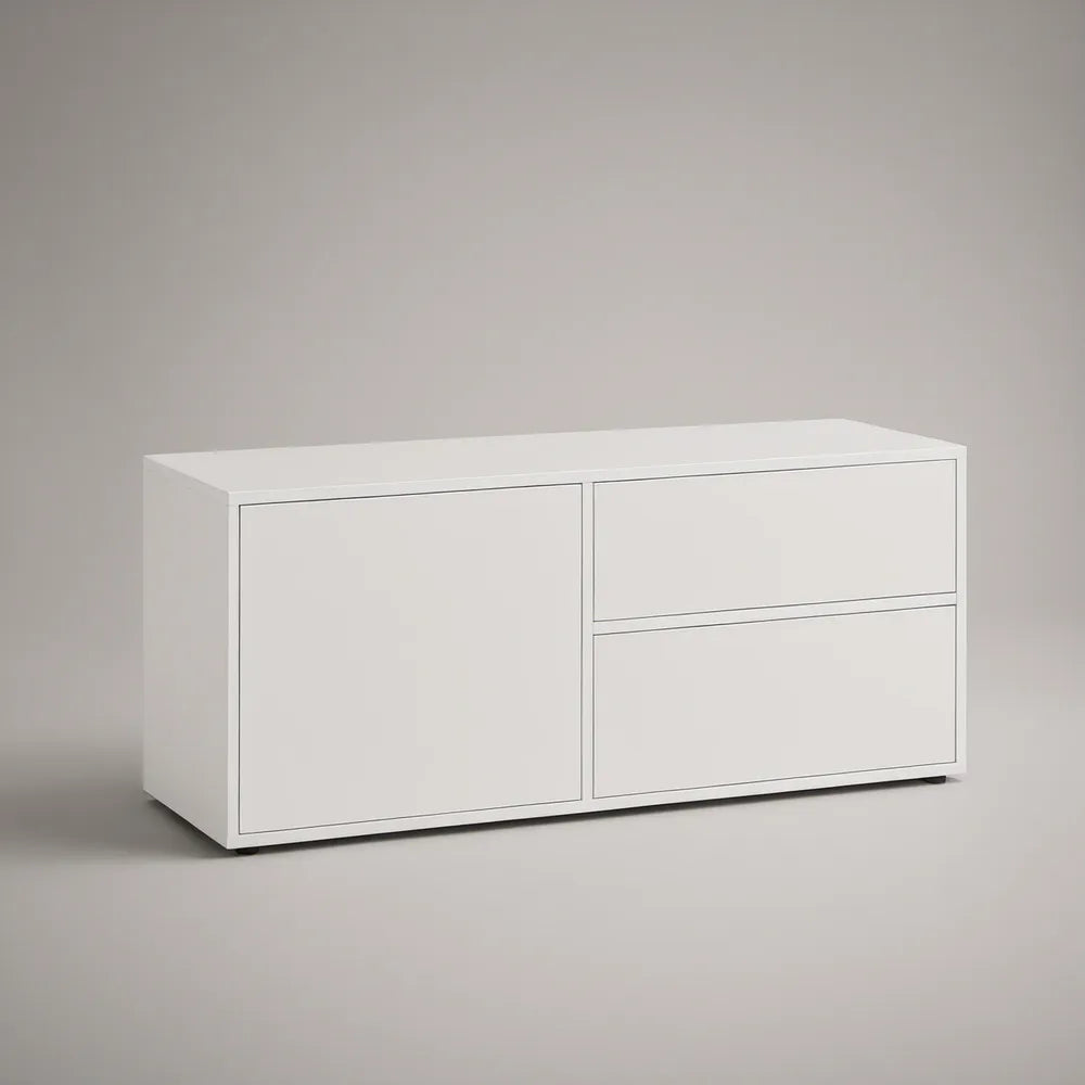 White MDF Media Storage Cabinet with 2 Drawers, 63 x 18 x 28 in