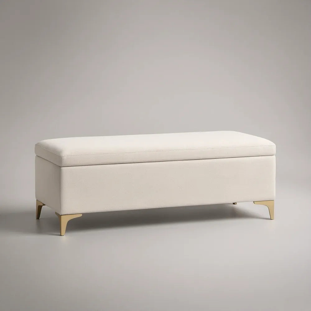 Ivory Upholstered Storage Bench with Gold Legs, 48 x 18 x 18 in