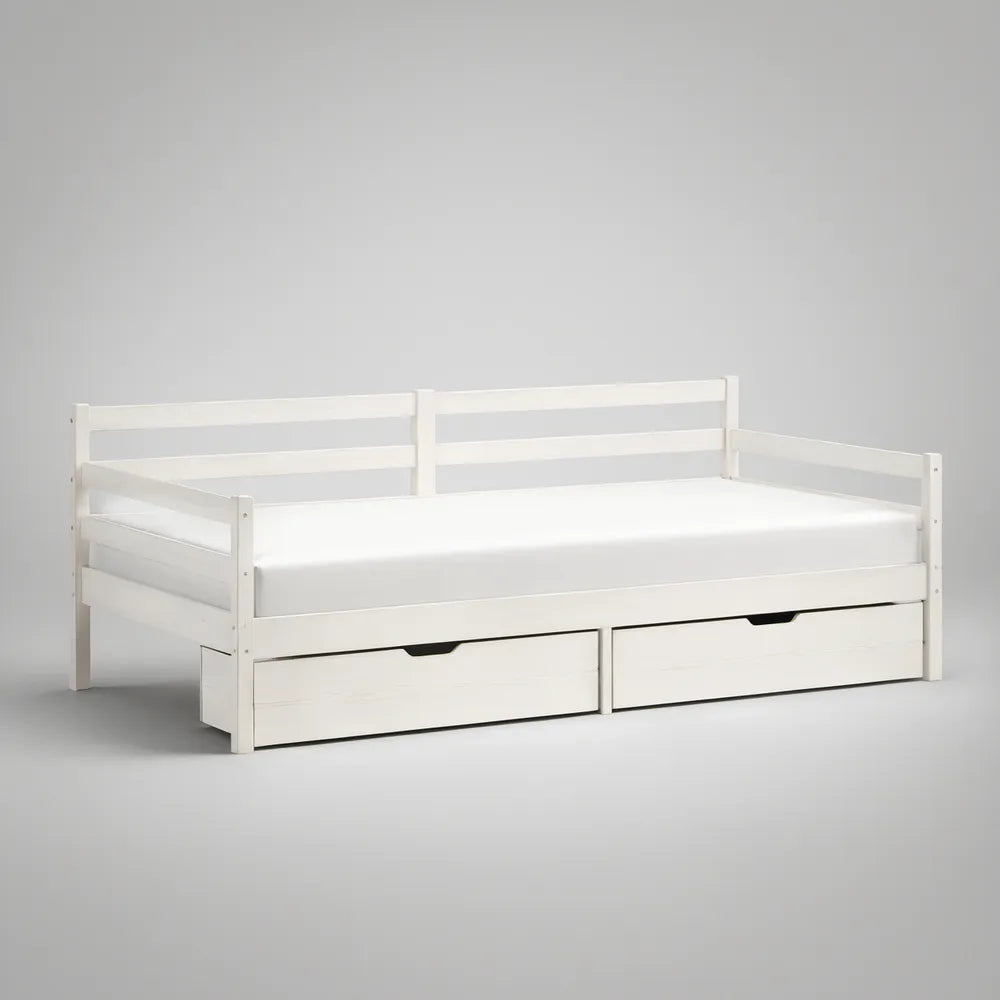 White Twin Solid Pine Wood Daybed with Two Storage Drawers, 79 x 42 x 34 in