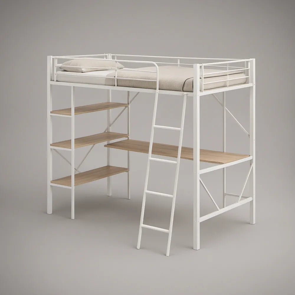 Twin Size Loft Bed with Desk, 3-Tier Shelves and Ladder, 78.0 x 41.5 x 71.7 in, White/Light Brown