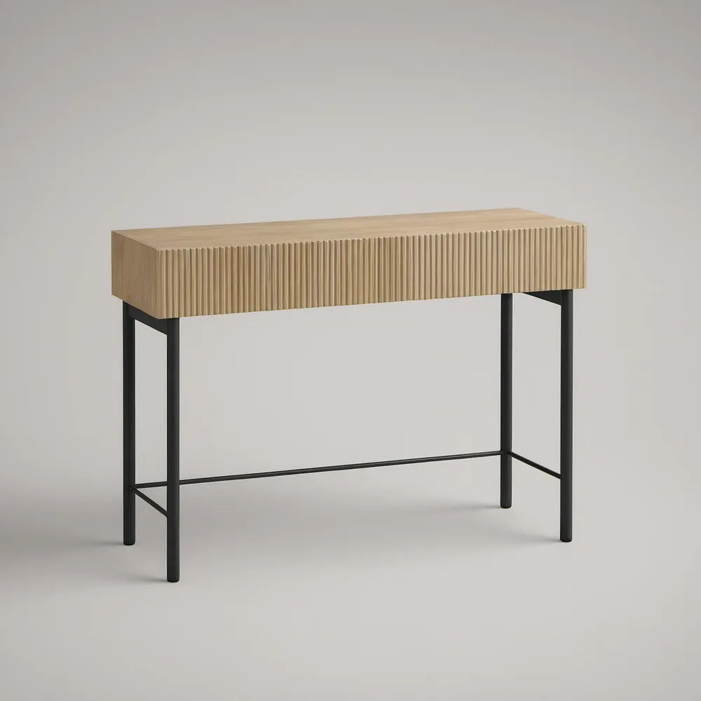 Fluted Vanity Table with Storage Drawer, Natural Oak and Black, 100 x 45 x 76 cm