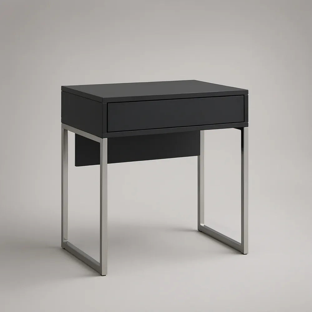 Contemporary Black Vanity Table with Drawer and Polished Stainless Steel Frame, 31.5 x 15.7 x 29.5 in