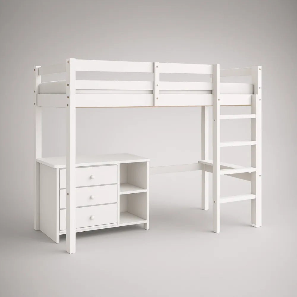 White Twin Loft Bed with Desk, 3 Drawers, Open Shelves and Ladder, 79.5 x 42.5 x 71 in