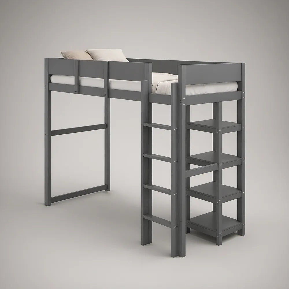 Gray Twin Loft Bed with Ladder and Guardrails, 79.5 x 42 x 71 in