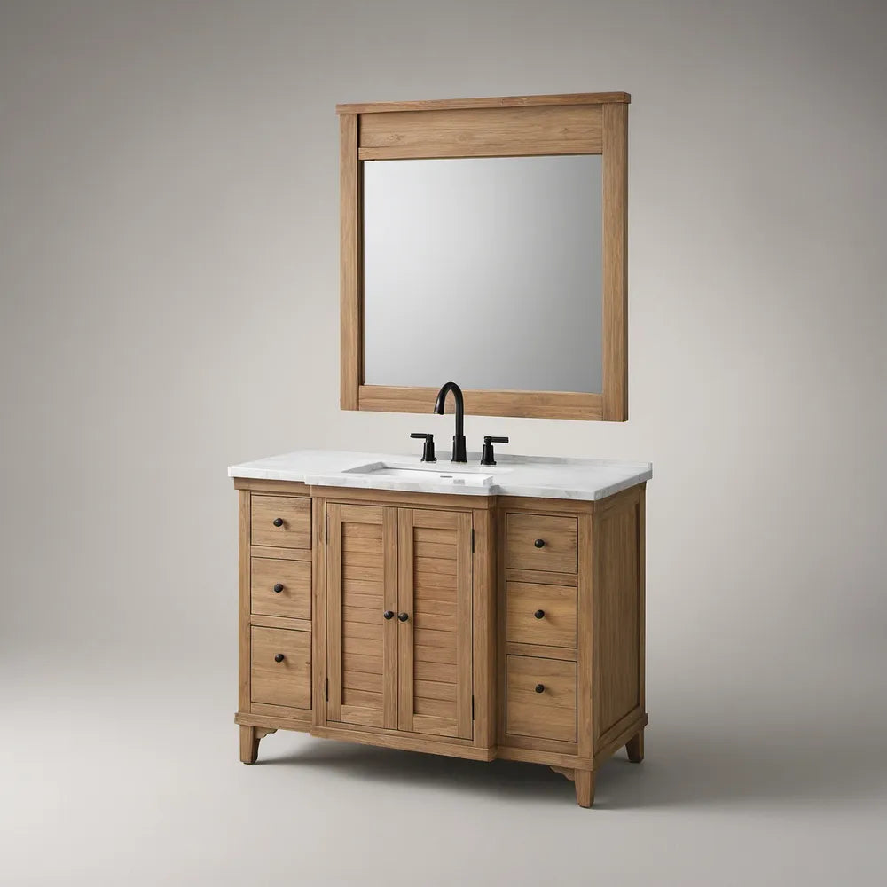 60 in. Natural Oak Freestanding Bathroom Vanity with White Engineered Marble Top, Sink, Black Faucet and 42 x 36 in. Mirror