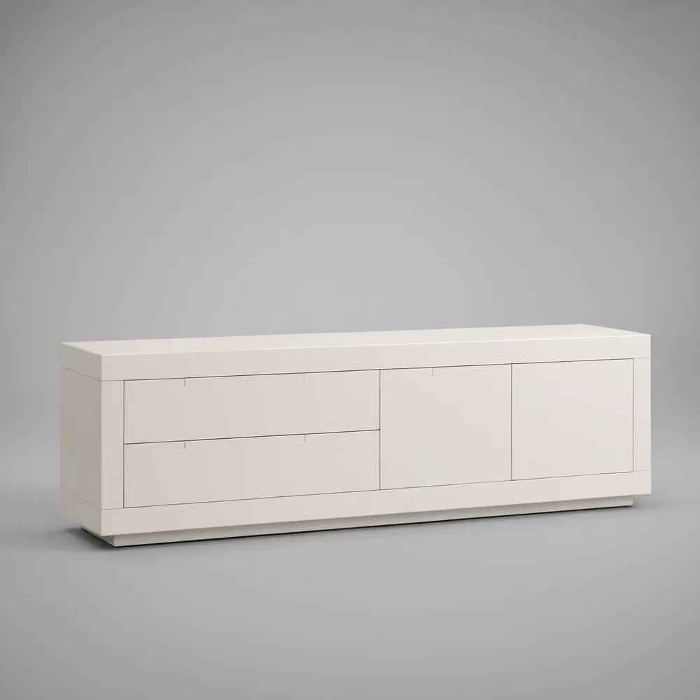 White Engineered Wood TV Stand Media Console, 70.9 x 15.7 x 23.6 in, 2 Drawers and 2 Doors