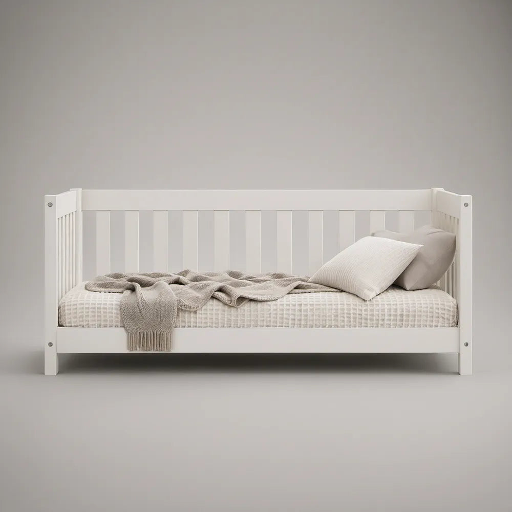 White Solid Pine Toddler Bed with Safety Rails, 140 x 70 cm