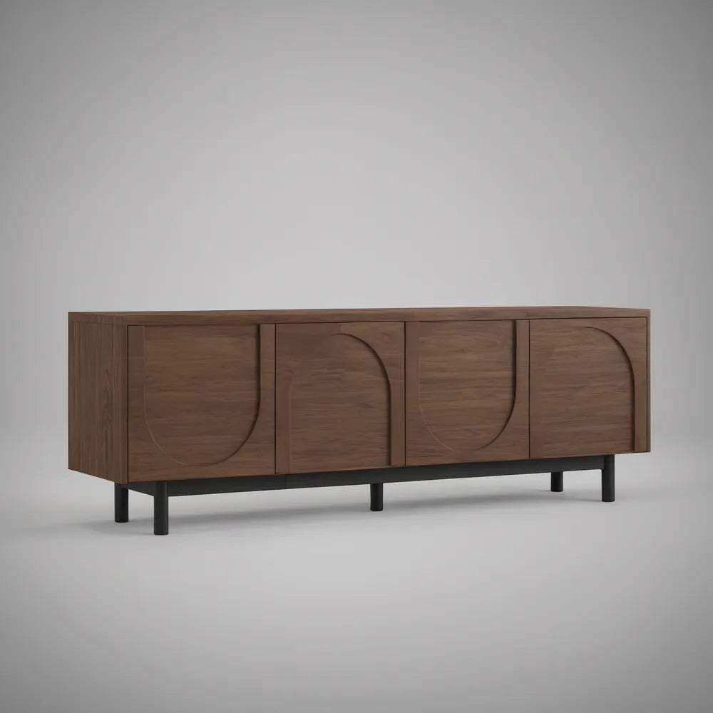 70.9 in. 4-Door Walnut Veneer TV Stand with Black Steel Legs, Brown/Black