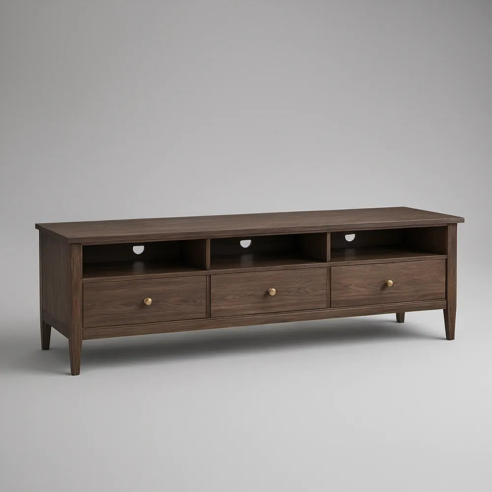 Walnut Brown Engineered Wood Media Console, 70 x 16 x 24 in, 3 Drawers and 3 Open Compartments