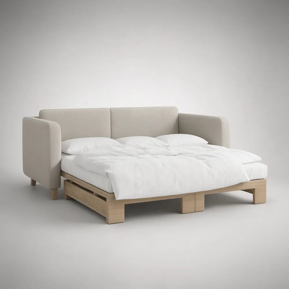 Queen Upholstered Daybed Frame, Beige and Natural Light Brown, 87 x 66 x 37 in