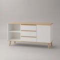 55.1 x 15.7 x 29.5 in White and Natural Wood TV Stand with 3 Drawers, 2 Open Shelves, and Side Cabinet