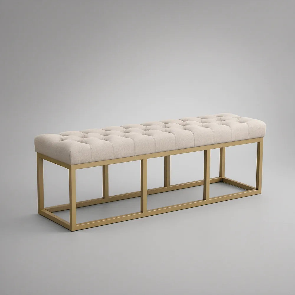 Tufted Upholstered Bench, Cream Polyester Seat with Gold Iron Frame, 47.2 x 15.7 x 18.1 in