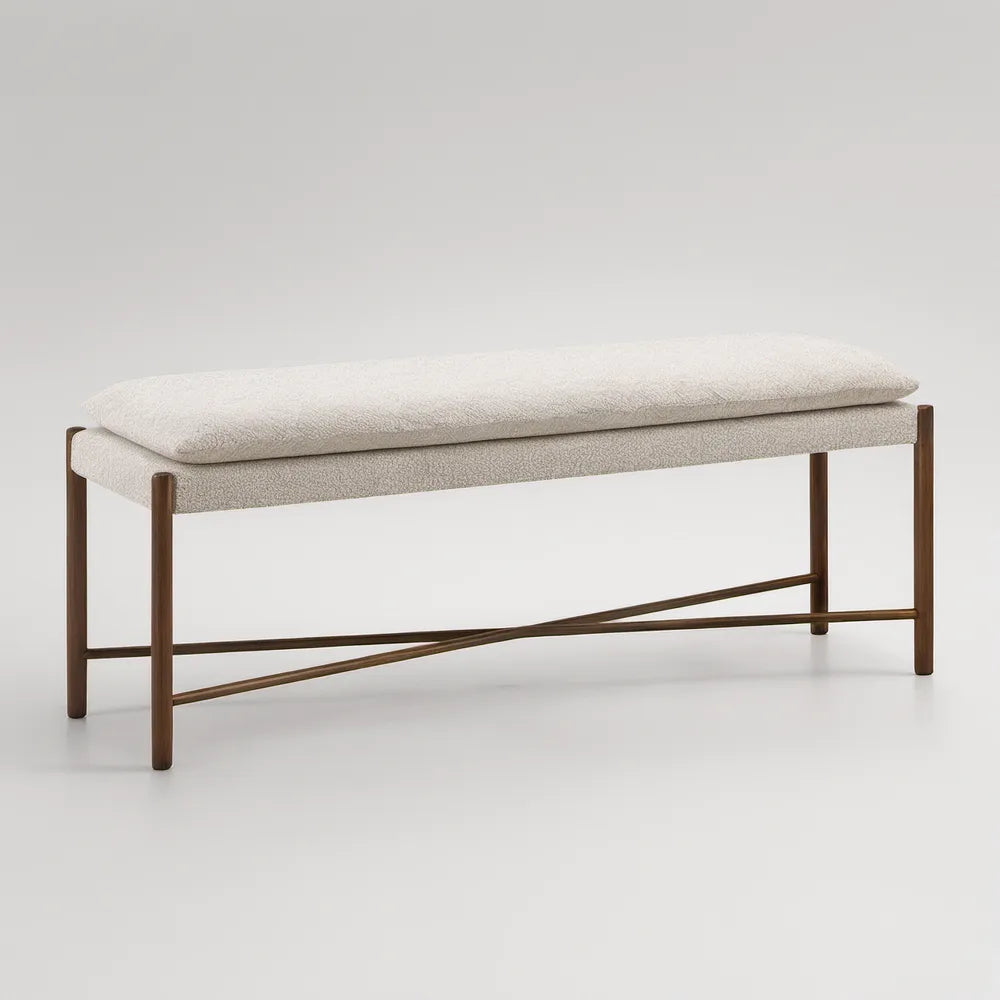 Cream Boucle Upholstered Bedroom Bench with Walnut Rubberwood Frame, 56 x 18 x 20 in