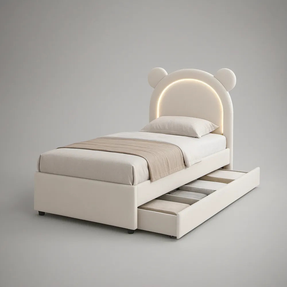 White Twin Upholstered Kids Bed with Bear-Ear LED Headboard and Pull-Out Trundle, 102 x 198 cm
