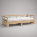 Natural Pine Wood Dual Twin Floor Bed Frame with Safety Rails, 79 x 78 x 33 in
