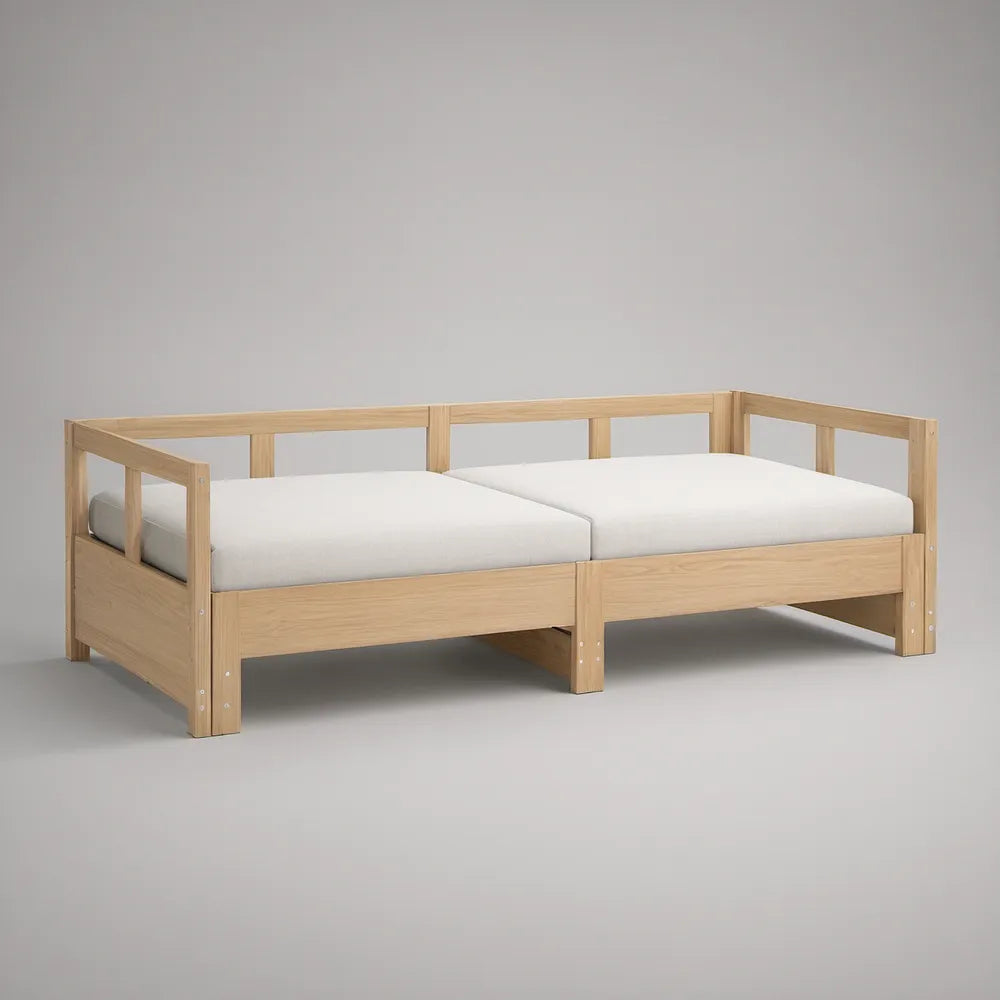 Natural Pine Wood Dual Twin Floor Bed Frame with Safety Rails, 79 x 78 x 33 in