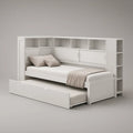 White Twin Platform Bed with Pull-Out Trundle and Overhead Storage, 79.5 x 43.5 x 71 in