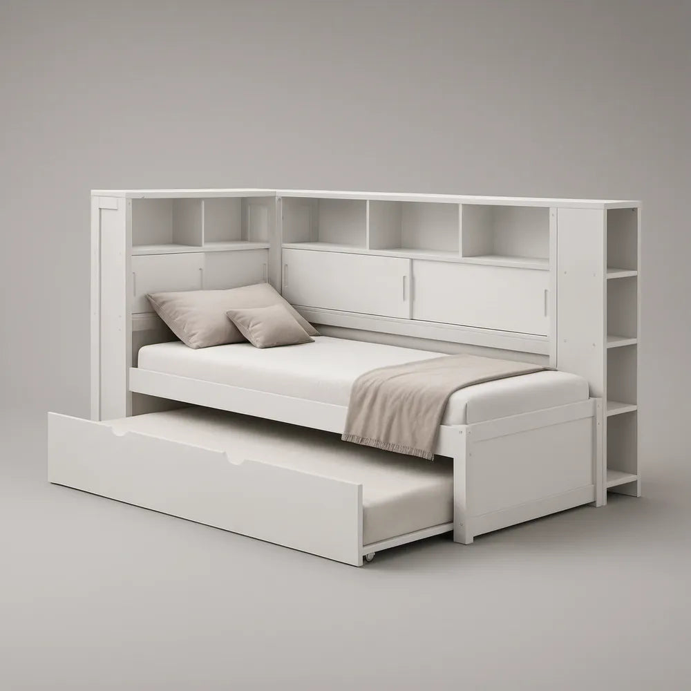 White Twin Platform Bed with Pull-Out Trundle and Overhead Storage, 79.5 x 43.5 x 71 in