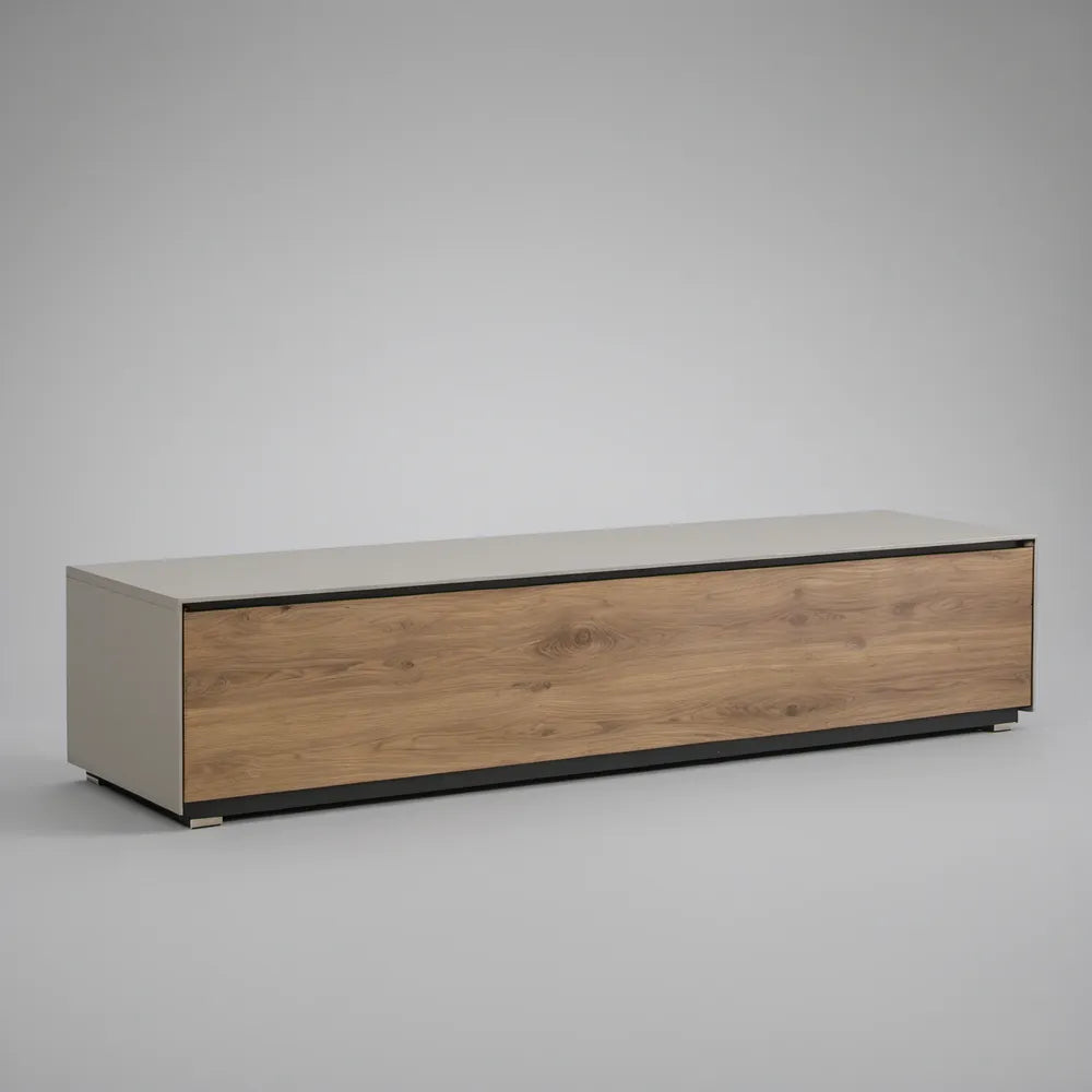 70.9 x 15.7 x 17.7 in Oak and Gray Engineered Wood Media Console with Black Steel Trim