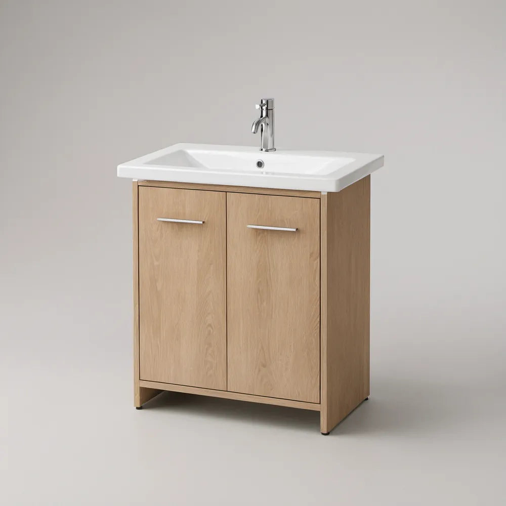 24 in Light Oak Freestanding Bathroom Vanity with White Ceramic Sink and 2 Doors