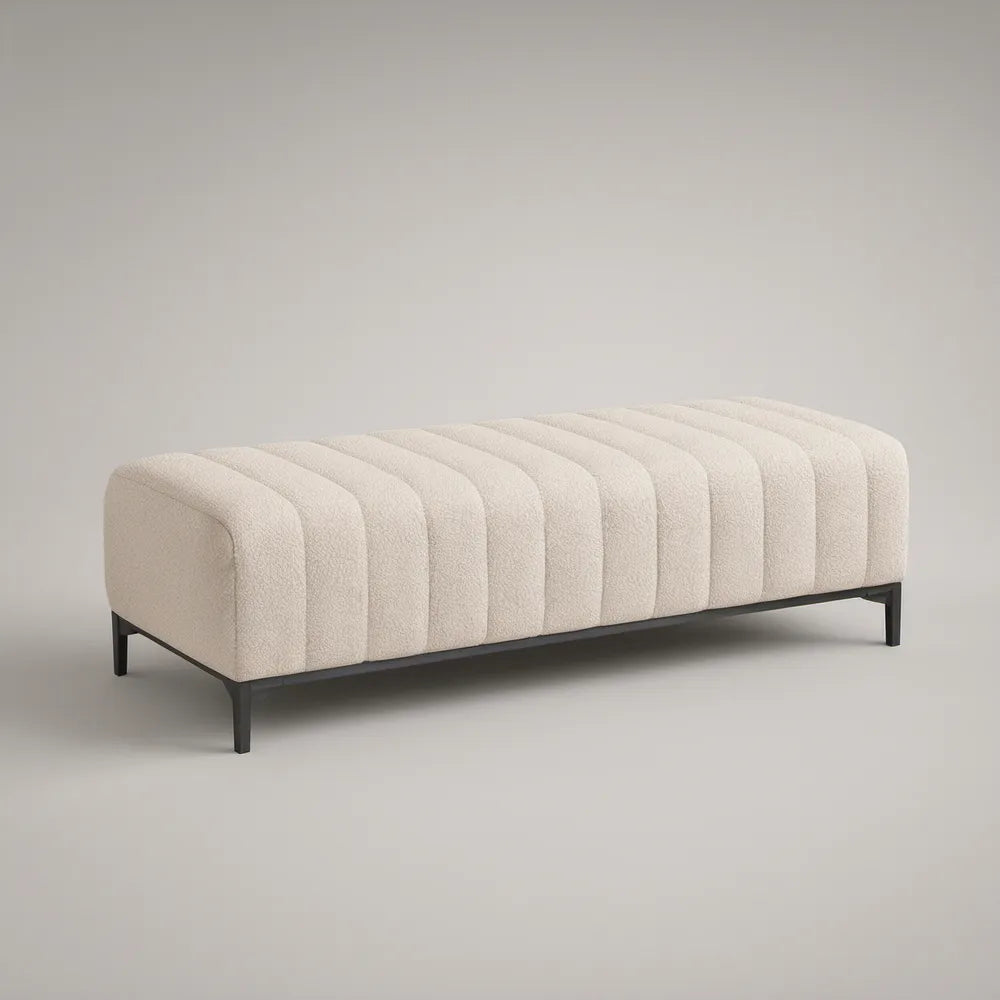 Cream Boucle Upholstered End-of-Bed Bench with Black Steel Base, 55 x 18 x 18 in