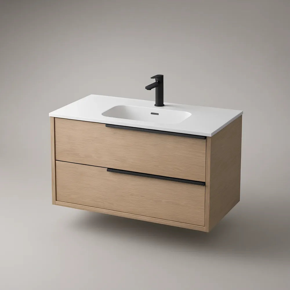 36 in Wall-Mounted Bathroom Vanity with Integrated White Ceramic Sink, Light Oak Finish, 2 Drawers