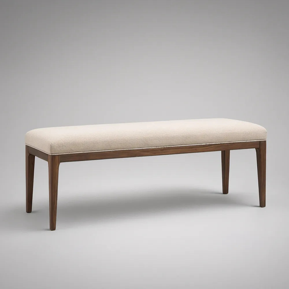 48 in Rectangular Upholstered Bench, Cream Polyester Seat with Walnut Rubberwood Legs