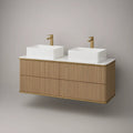 60 in Wall-Mounted Double-Sink Vanity with White Ceramic Vessel Basins, Light Oak Fluted MDF Panels, and Brushed Gold Trim