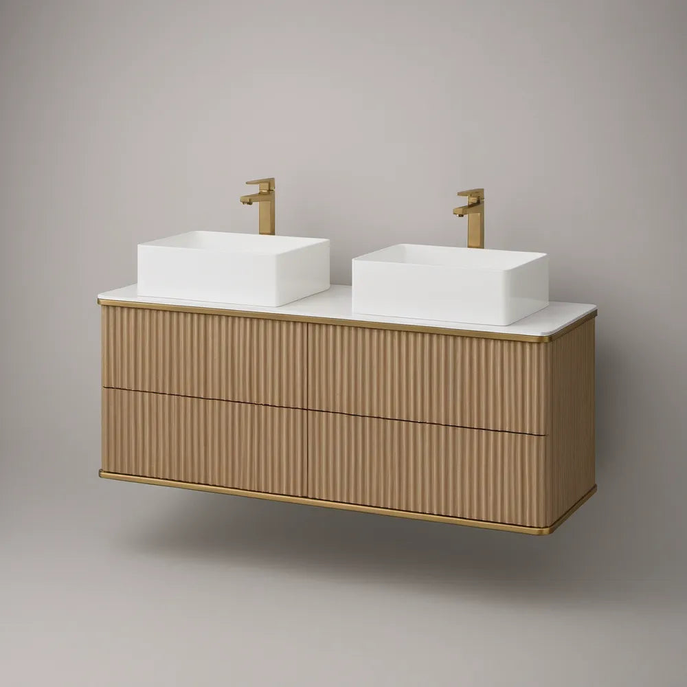 60 in Wall-Mounted Double-Sink Vanity with White Ceramic Vessel Basins, Light Oak Fluted MDF Panels, and Brushed Gold Trim
