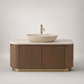 48 in Freestanding Bathroom Vanity Set with Oval Vessel Sink, Engineered Stone Top, Walnut Brown Cabinet, Beige Basin, and Brushed Brass Faucet