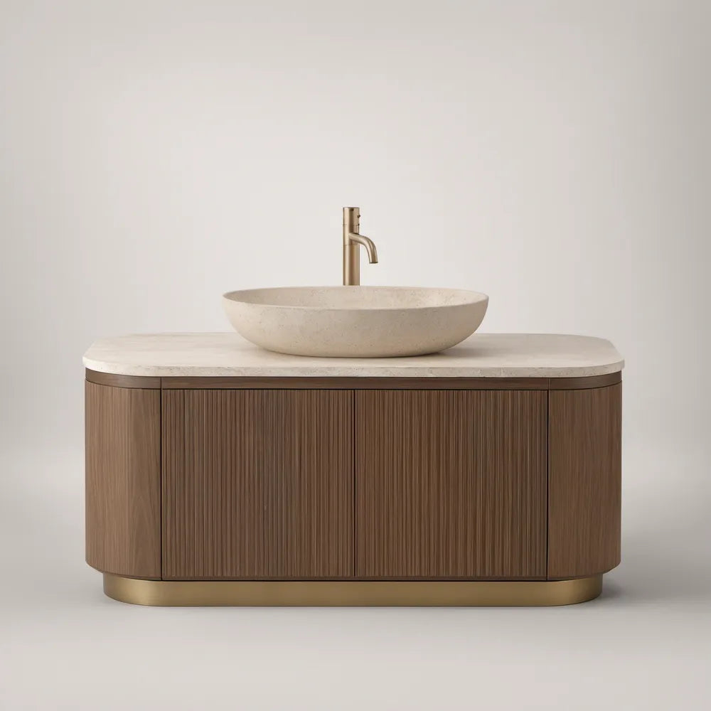 48 in Freestanding Bathroom Vanity Set with Oval Vessel Sink, Engineered Stone Top, Walnut Brown Cabinet, Beige Basin, and Brushed Brass Faucet