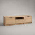 70.87 x 15.75 x 23.62 in Light Oak Engineered Wood TV Stand with Black Handles