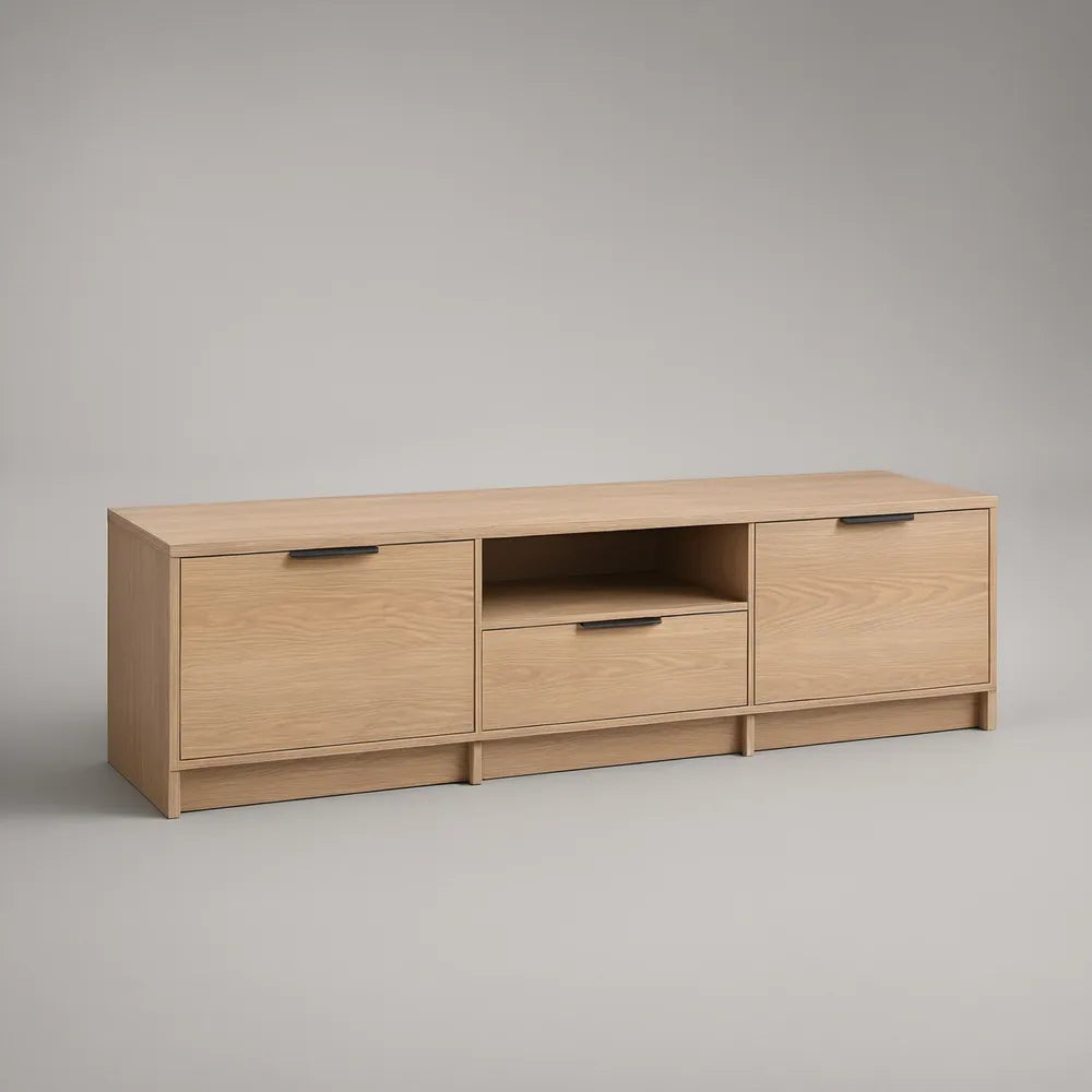 70.87 x 15.75 x 23.62 in Light Oak Engineered Wood TV Stand with Black Handles