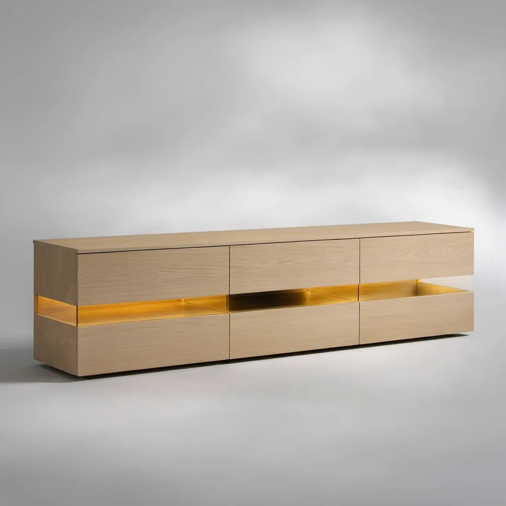 Natural Oak TV Stand with Amber LED Lighting, 70.9 x 15.7 x 21.7 in