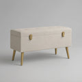 Ivory Upholstered Storage Bench with Tufted Seat and Gold Legs, 42 x 16 x 19 in