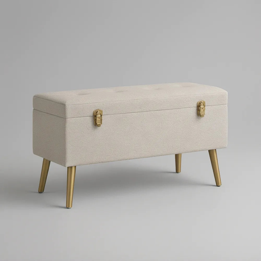 Ivory Upholstered Storage Bench with Tufted Seat and Gold Legs, 42 x 16 x 19 in