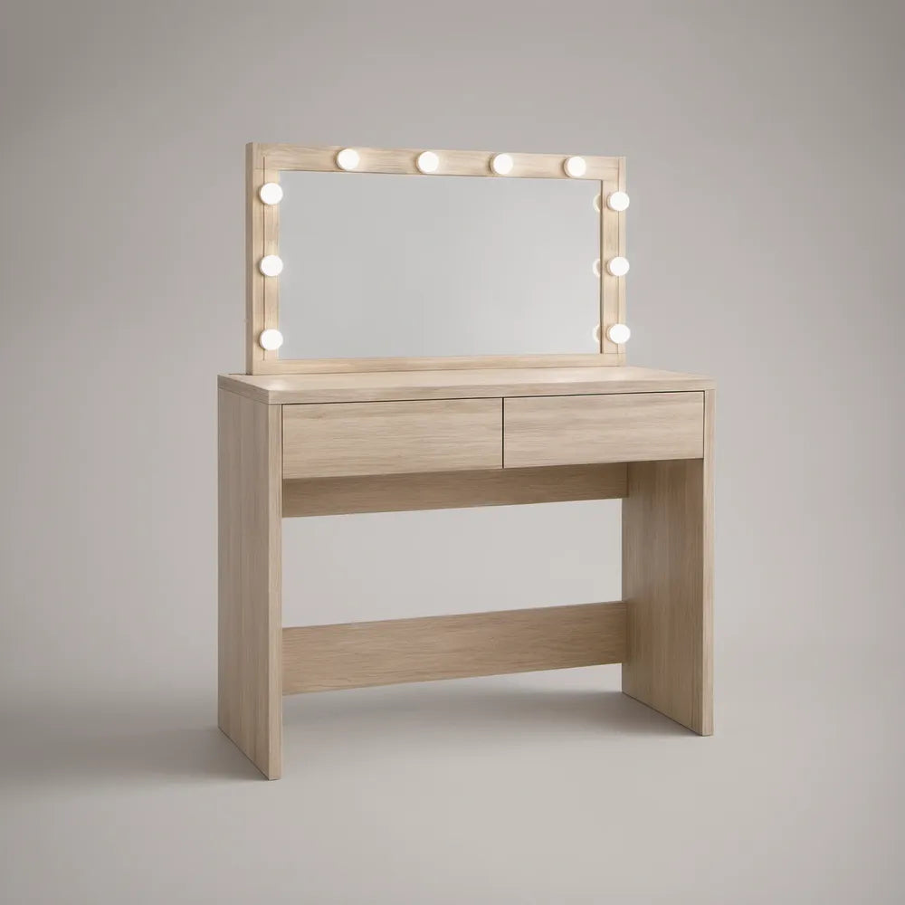 Light Oak Vanity Table with Lighted Mirror and 2 Drawers, 31.5 x 15.7 x 54.3 in