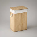 Natural Bamboo and White Rectangular Laundry Hamper with Lid, 40 x 30 x 60 cm