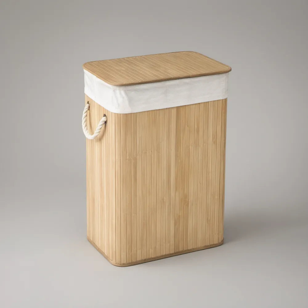 Natural Bamboo and White Rectangular Laundry Hamper with Lid, 40 x 30 x 60 cm